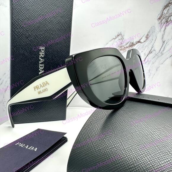 New PRADA Sunglasses Black White Talc Gold Symbole Oval Cat Eye Womens main image 13